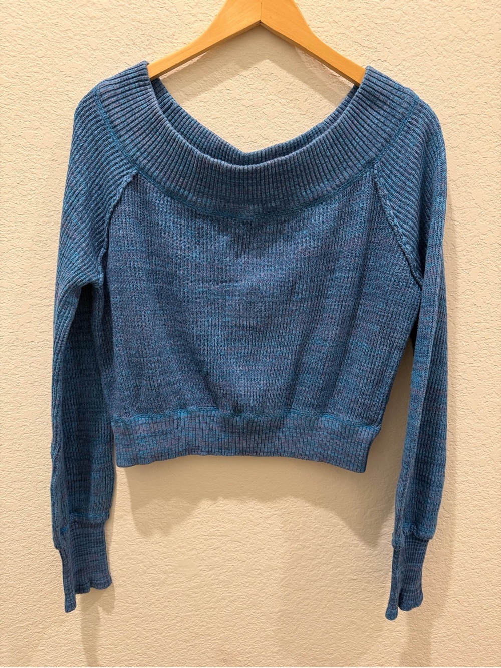 Free People Blue Marled Off‎ Shoulder Ribbed Knit Sweater Top XL